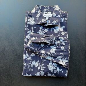 Express Floral Button-Down – Navy with White Roses – Gently Used